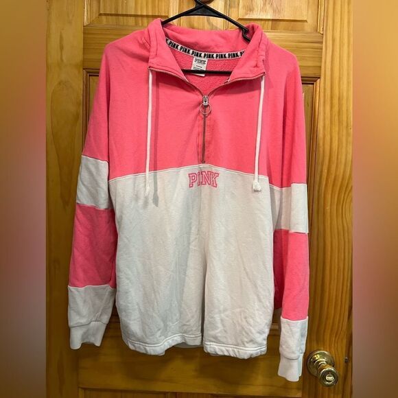 PINK by Victoria’s Secret size M pink and white half zip with pockets - Picture 1 of 9